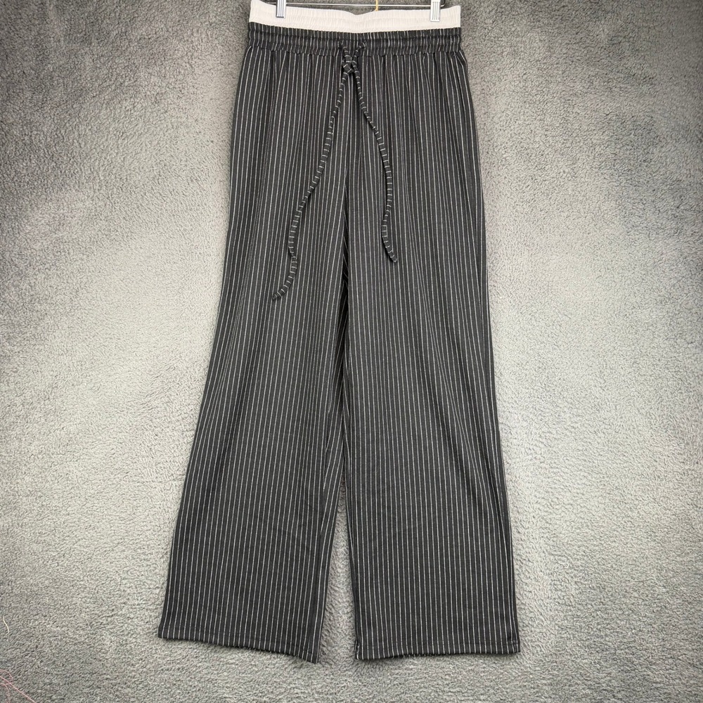 Cider Womens Black White Pinstripe Wide Leg Elastic Waist Pants Size M